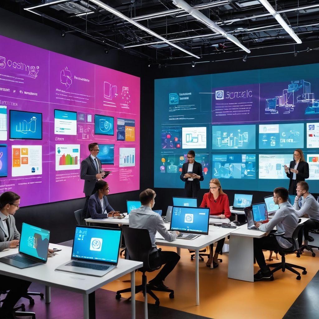 A diverse group of professionals engaged in a digital brainstorming session, surrounded by floating holographic screens displaying various collaborative tools and metrics. Emphasize teamwork and communication, with a vibrant color palette that conveys energy and innovation. Include elements like laptops, tablets, and interconnected nodes representing ideas. super-realistic. vibrant colors. technology-themed.
