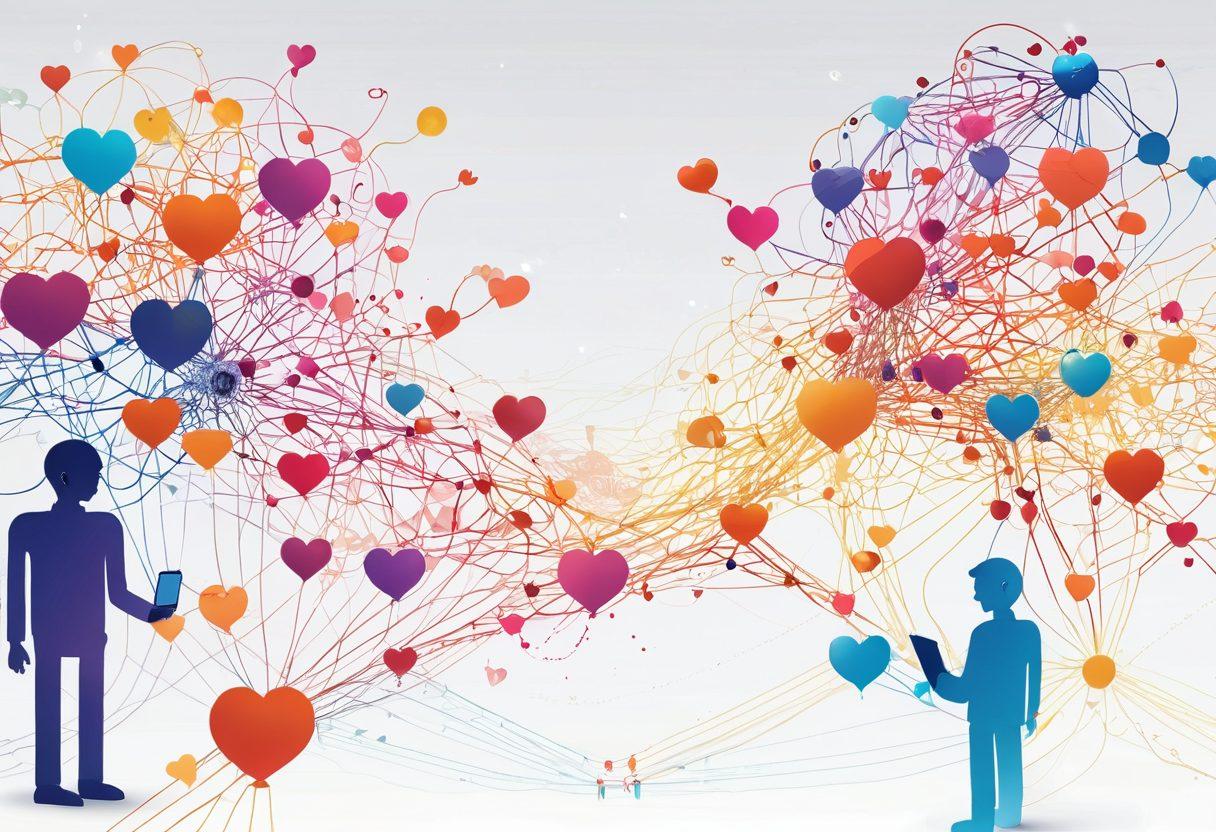 A warm, inviting digital landscape where diverse people interact harmoniously through technology, symbolizing strong connections. Include elements like a glowing network of threads linking them, a friendly robot companion helping them navigate, and vibrant icons of communication like chat bubbles and hearts. The color palette should be warm and vibrant to evoke feelings of trust and companionship. super-realistic. vibrant colors. white background.